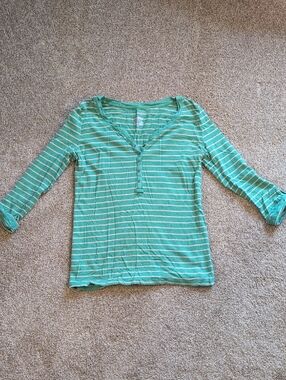 St. John's Bay Mint Green Striped Henley Long Sleeve Top